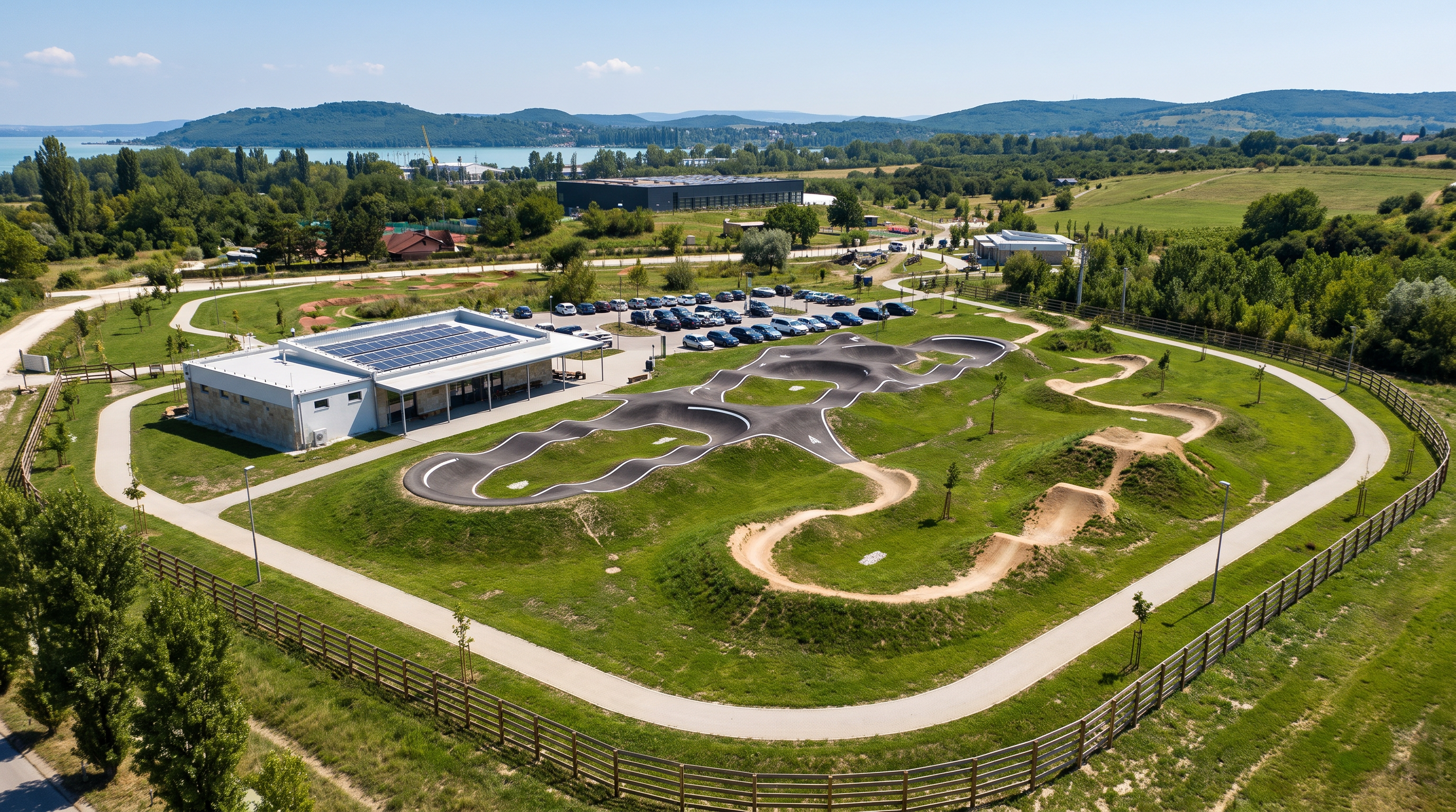 A Balaton Bringa Suli teljes pályakomplexuma madártávlatból, Balatonfüred, Forrás Sportpark