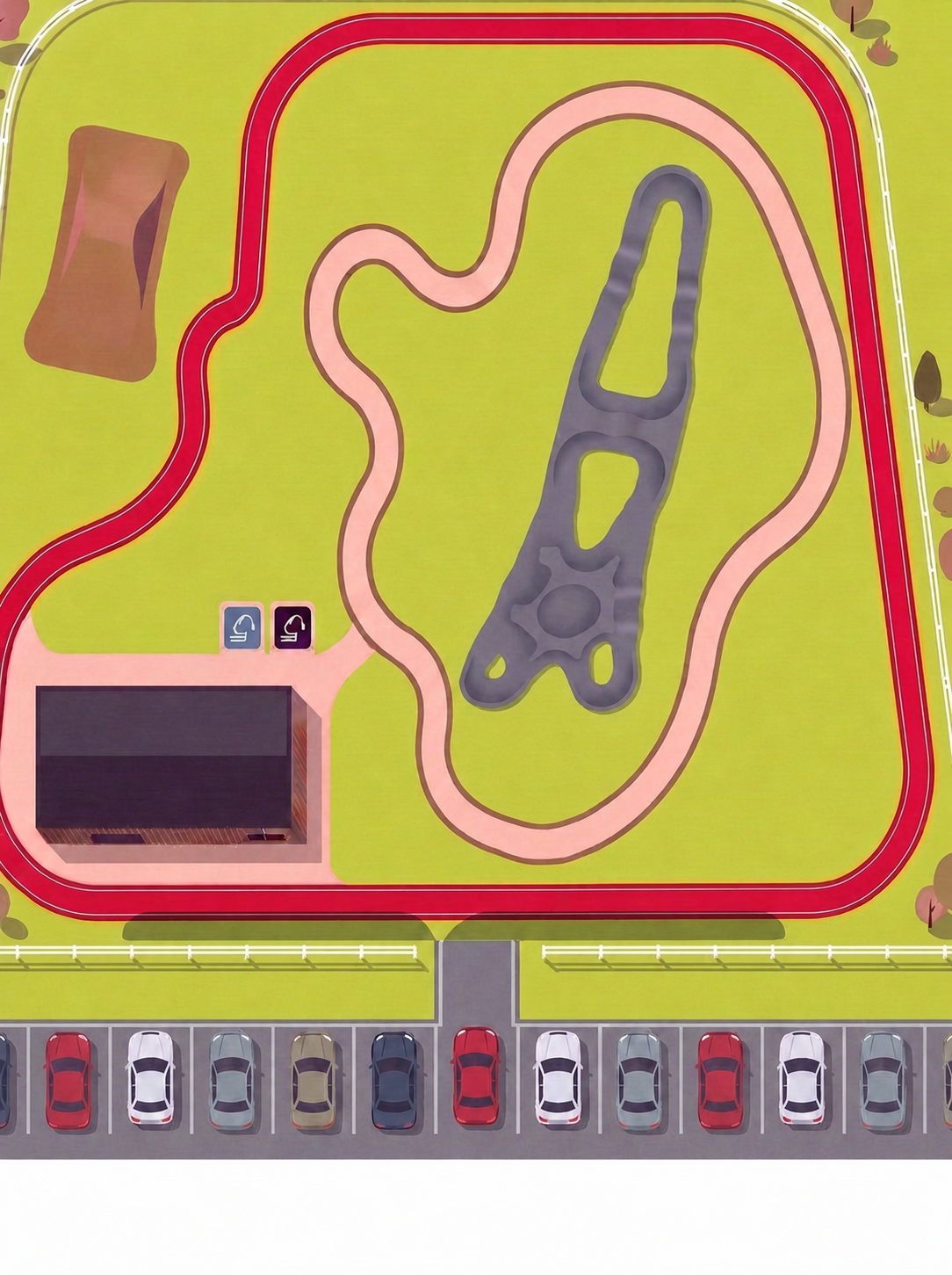 A teljes pályakomplexum stilizált térképe, alul látható parkolóval